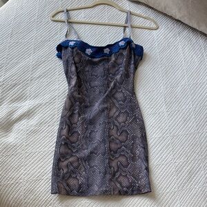 Guizio Snake Print Mini Dress with Blue Floral Trim